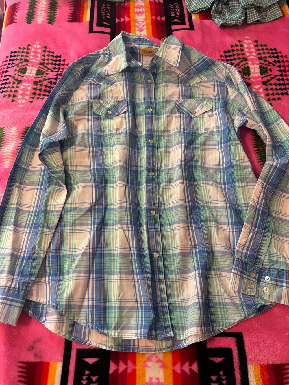 Wrangler Blue and Green Plaid Women's Button-Down Shirt
